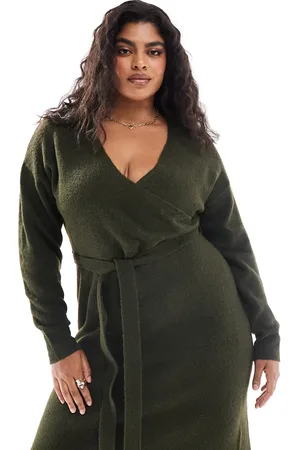 Yours Vestido midi cruzado con cuello de pico de punto exclusivo de -Verde