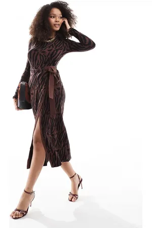 Style Cheat Vestido midi negro y marrón cruzado con estampado animal de punto de -Multicolor