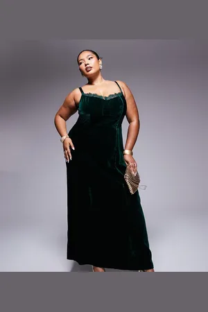ASOS Vestido midi verde cerceta oscuro estilo corsé de terciopelo con inserto de encaje de Curve-Azul