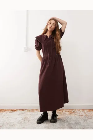 Reclaimed Vestido midi color con detalle de solapas de pana de -Marrón