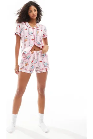 Chelsea Peers Pijama a rayas color crema de top de manga corta con estampado ondas y cuello de solapas de poliéster de