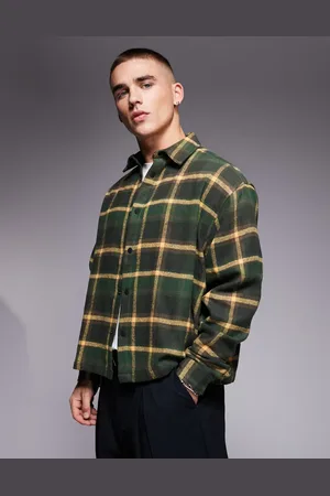 ASOS Camisa verde a cuadros de corte cuadrado extragrande con patrón de espiga de franela de