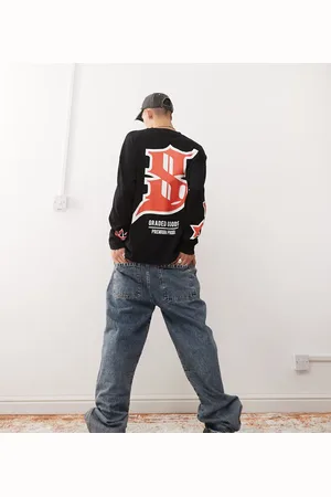 COLLUSION Camiseta negra de manga larga con estampado gráfico rojo de tejido grueso de