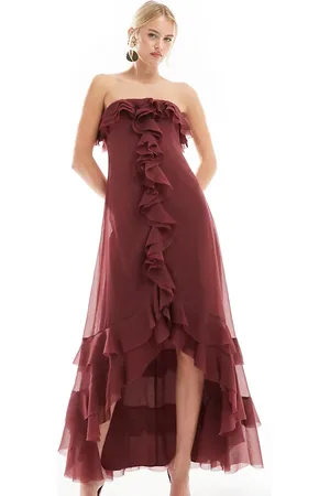 ASOS Vestido largo con escote Bardot y volantes de ASOS DESIGN Tall-Rojo