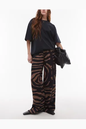 Topshop Pantalones de pernera ancha con estampado abstracto y lazada en la cintura de satén de