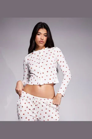Kaiia Pantalones de pijama con estampado de florecitas rojas de punto pointelle exclusivos de (parte de un conjunto)-Multicolor