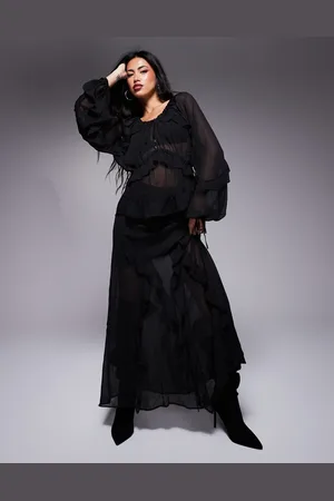 River Island Falda larga negra con volantes de chifón de