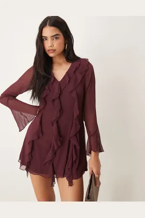 New Look Vestido corto de manga larga con volante de chifón de -Rojo