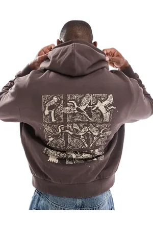 ASOS Sudadera marrón de corte cuadrado extragrande con capucha y estampado en la espalda de