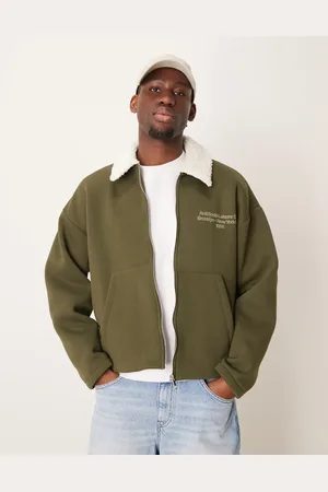 ASOS Chaqueta extragrande de estilo entrenador con estampado en el pecho y solapas de borreguito de -Verde
