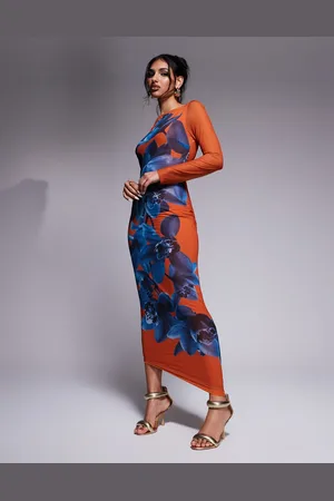 DASKA Vestido largo naranja tostado entallado con diseño estampado de -Multicolor
