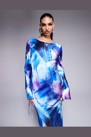 DASKA Vestido largo azul cobalto con estampado abstracto de satén de