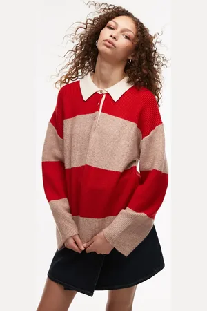 MANGO Jersey a rayas beis y rojas con cuello tipo polo de