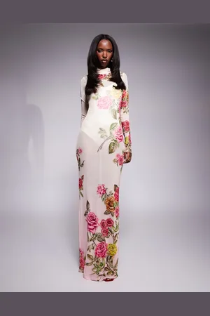 AFRM Vestido largo con estampado de rosas y cuello alto de malla Rowan de