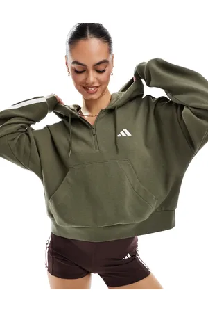 adidas Sudadera verde con capucha, cremallera corta y detalle de 3 rayas de felpa de rizo Essentials de