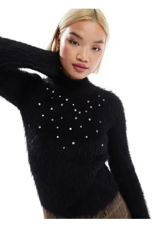 Miss Selfridge Jersey de manga larga con cuello alzado y detalles adornados de punto desflecado de