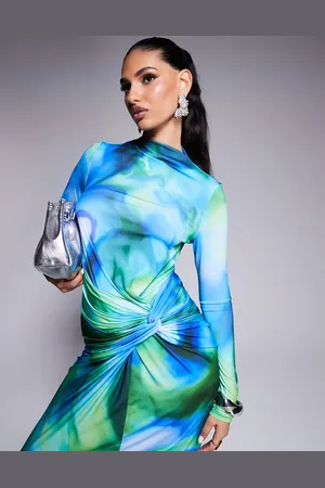 DASKA Vestido largo azul estampado con cuello alto exclusivo de