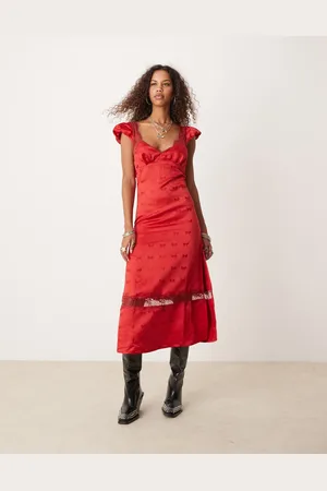 Free People Vestido midi rojo con estampado de lazos de satén de