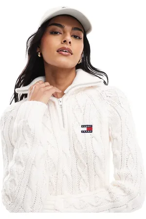 Tommy Hilfiger Jersey blanco hueso con cremallera corta de punto de ochos de