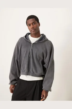 ASOS Sudadera gris lavado de corte cuadrado ultragrande con capucha y media cremallera de canalé grueso de -Negro