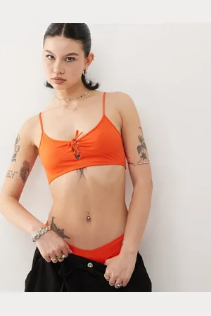 Monki Top de bikini color con cuello ancho y detalle de lazada delantera Mix & Match de -Naranja