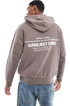 JACK & JONES Sudadera gris lavado estampado con capucha y estampado trasero de