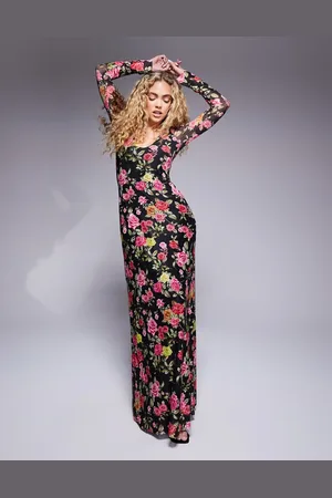 AFRM Vestido largo escotado de manga larga con estampado de rosas estilo tapiz Ruby de -Multicolor