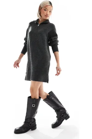 French Connection Vestido gris estilo jersey con media cremallera de punto de