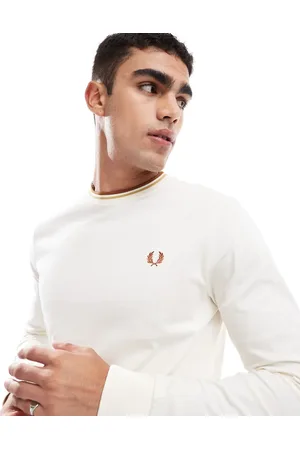 Fred Perry Camiseta hueso de manga larga con ribetes dobles de