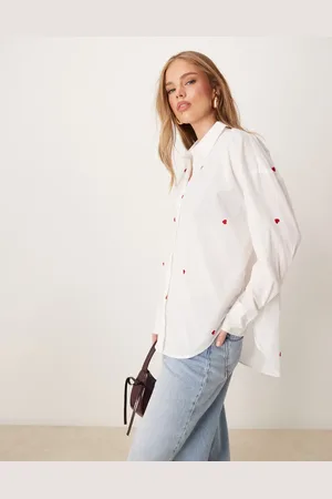 JDY Camisa blanca de corte suelto con bordado de corazones de