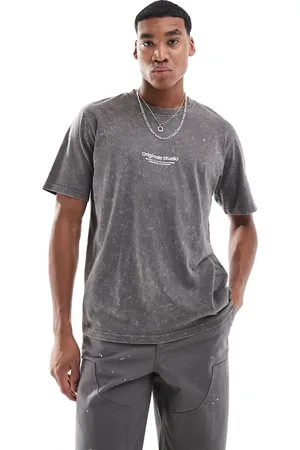 JACK & JONES Camiseta gris lavado extragrande con estampado en el pecho "Originals" de