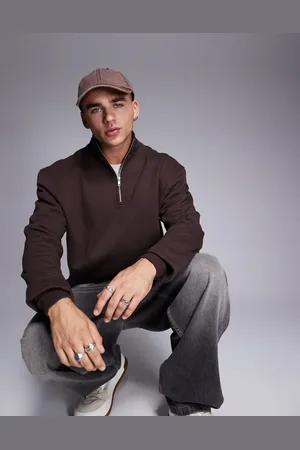 ASOS Sudadera marrón oscuro extragrande con cremallera corta de tejido grueso de 400 g/m2 premium de