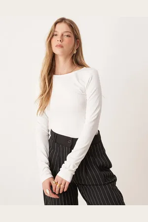 Gina Tricot Top de manga larga con cuello redondo de punto liso suave de
