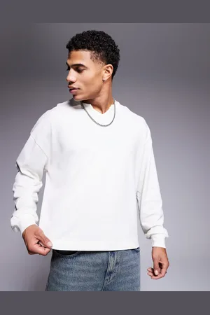 ASOS Camiseta color crema de manga larga y corte cuadrado extragrande con cuello de pico de tejido grueso de piqué de -Blanco