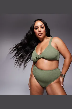 South Beach Top de bikini caqui con detalle anudado en la parte delantera de tejido rugoso efecto cebra de