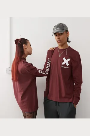 COLLUSION Camiseta de manga larga con logo de Unisex-Rojo