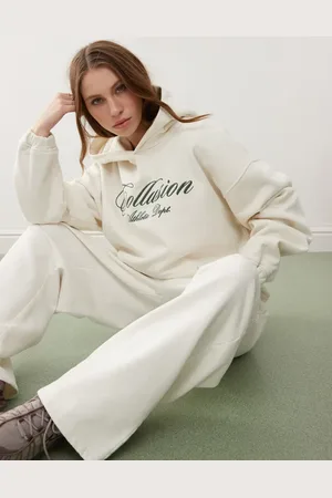 COLLUSION Sudadera color crudo holgada con capucha, acabado lavado y bordado de -Blanco