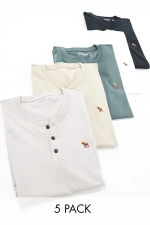 Abercrombie & Fitch Pack de 5 camisetas de color negro, gris, topo y blanco con cuello panadero y logo Icon de