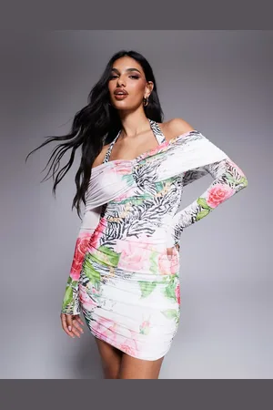 AFRM Vestido corto con cuello halter, detalle fruncido y estampado de cebra y flores Fionna de -Multicolor