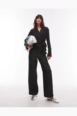 Topshop Pantalones negros de talle caído con patrón de jacquard texturizado de