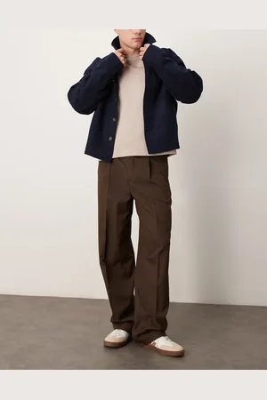ASOS Pantalones de vestir beis de corte ancho con estampado de pata de gallo de