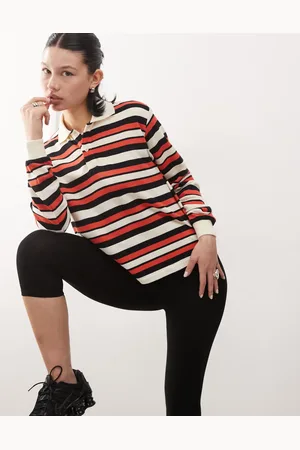 Lioness Top rojo a rayas de manga larga y estilo rugby con cuello tipo polo de solapas de -Multicolor
