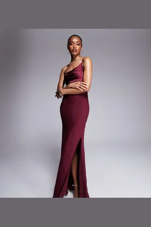 ASOS Vestido largo asimétrico y drapeado de mezcla de satén y chifón de ASOS DESIGN Tall-Rojo