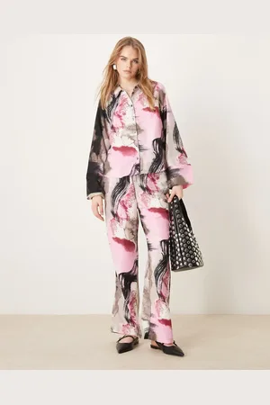 VILA Pantalones rosas de pernera ancha con estampado abstracto de satén de (parte de un conjunto)-Multicolor