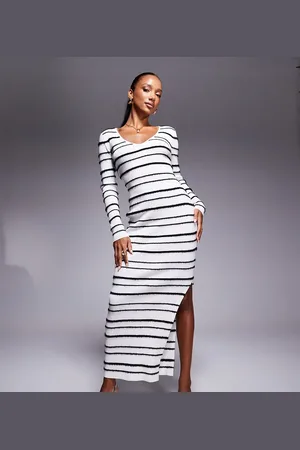 Kaiia Vestido largo blanco y negro a rayas efecto cepillado con cuello de pico y abertura lateral de punto exclusivo de -Multicolor