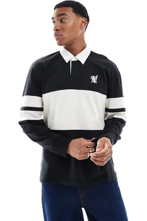 Hollister Top negro a rayas multicolores en relieve de estilo rugby con logo universitario de