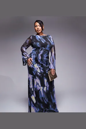 ASOS Vestido largo azul con espalda baja, estampado abstracto y mangas ángel de malla de ASOS DESIGN Curve-Multicolor