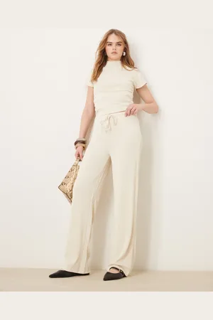 VILA Pantalones color crema elásticos de pernera ancha de (parte de un conjunto)-Blanco