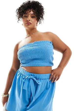 ASOS Top playero azul fruncido con escote palabra de honor de tejido efecto lino Isabel Mix & Match de ASOS DESIGN Curve