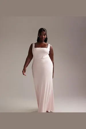ASOS Vestido de dama de honor largo rosa pastel con escote cuadrado de satén de ASOS DESIGN Curve